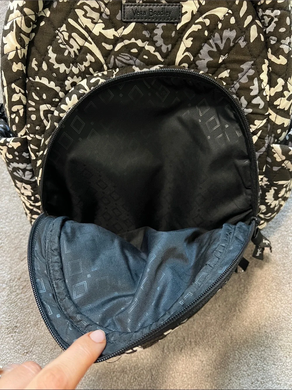Vera Bradley Baroque Floral Quilted Backpack in Black Grey Cream